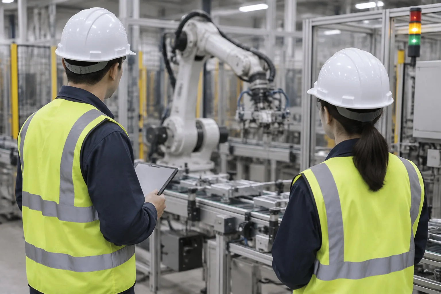 AI Act : ce que le règlement change pour votre entreprise, selon votre rôle 3 Deux techniciens en casque et gilet de sécurité observent un bras robotisé sur une ligne de production