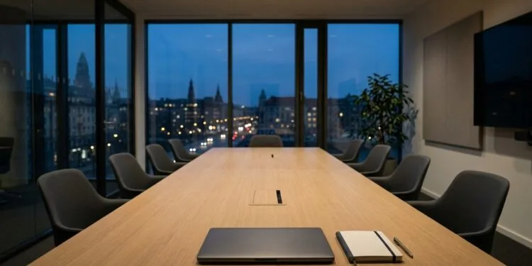 Salle de réunion vide au crépuscule, ordinateur portable fermé et carnet sur la table