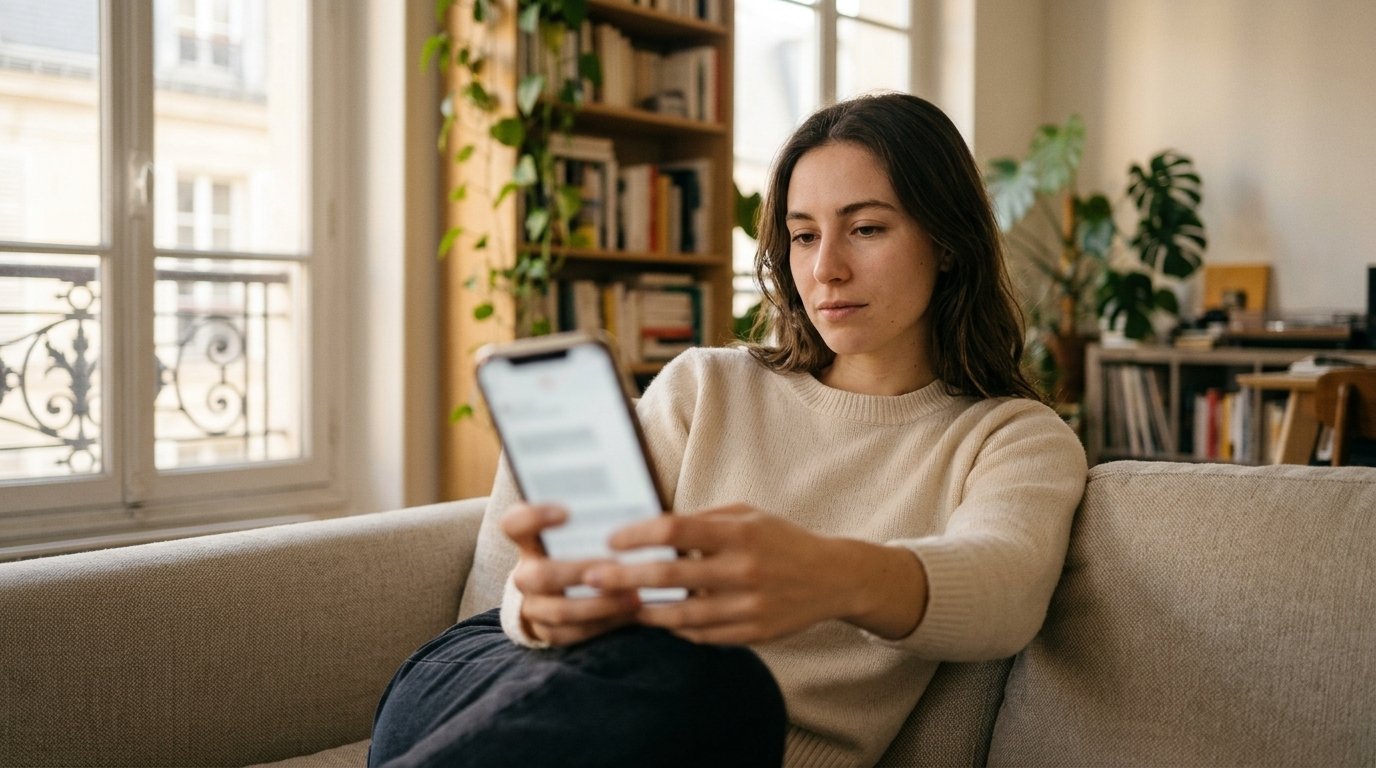 Publicité ChatGPT : une utilisatrice consulte une réponse sur son smartphone, dans son salon