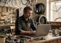 Gérant d’un atelier de vélos devant son ordinateur portable, dans sa boutique