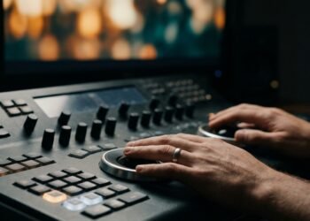 Mains sur une console d'étalonnage, écran flou aux tons ambre et bleu-vert dans une salle de montage