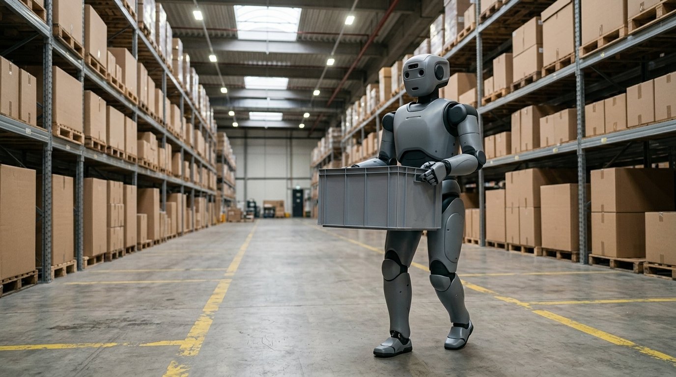 Robot Digit 5 : l'humanoïde d'Agility conçu pour travailler sans cage 1 Humanoïde générique portant un bac gris dans une allée d’entrepôt, illustration