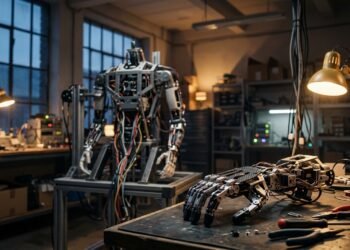 Atelier de robotique avec un robot humanoïde en cours d’assemblage et une main mécanique sur l’établi