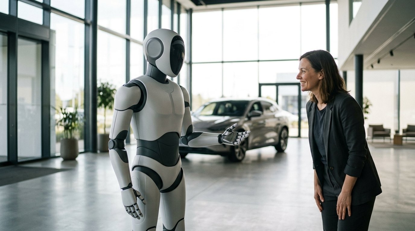 Robot humanoïde BYD : un humanoïde bipède accueille un visiteur dans un showroom automobile