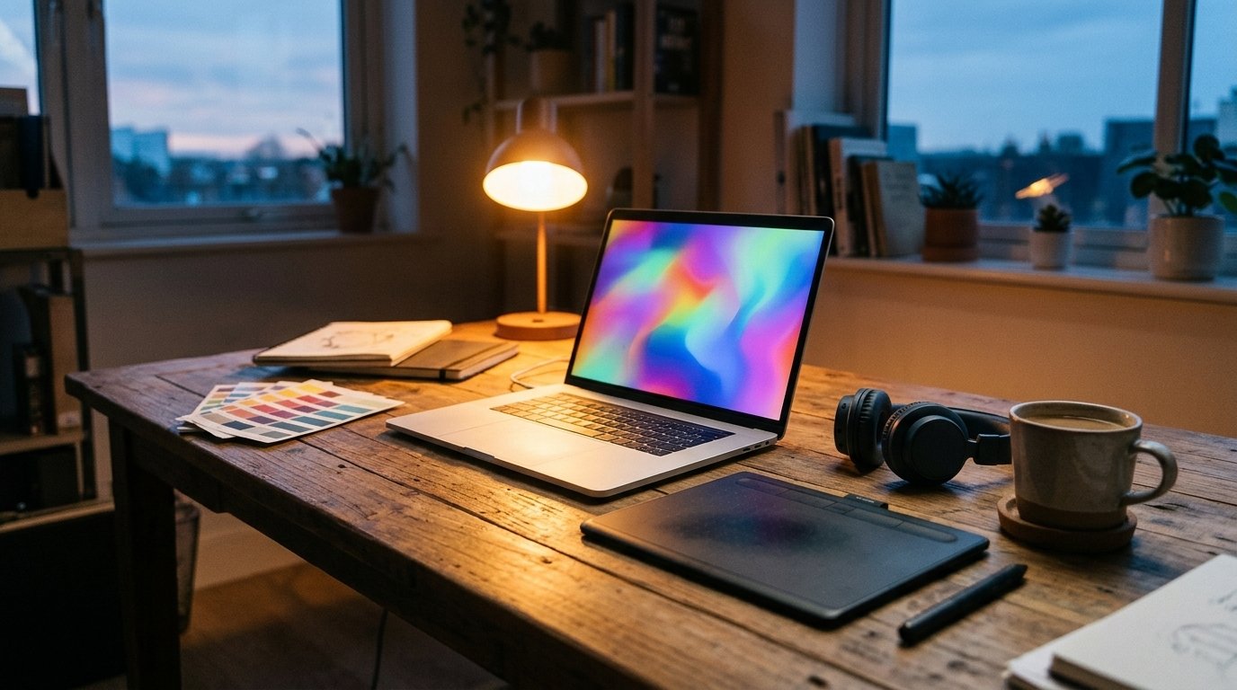 Portable fin posé sur un bureau de studio, une image générée par IA affichée à l’écran près d’une tablette graphique