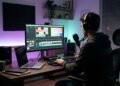 Monteur vidéo de dos dans un home studio éclairé en violet, devant un écran de montage et un portable