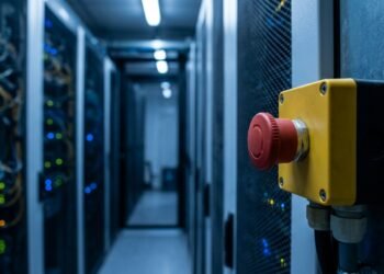 Bouton d’arrêt d’urgence rouge dans une salle de serveurs, symbole du frein d’urgence de l’IA
