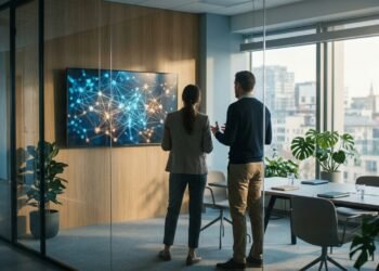 Deux collègues devant un écran montrant un réseau de nœuds connectés, image des agents IA reliés aux logiciels