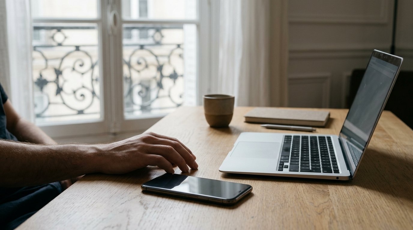 Smartphone écran éteint posé à côté d’un ordinateur portable ouvert sur un bureau en bois, devant une fenêtre à balcon parisien