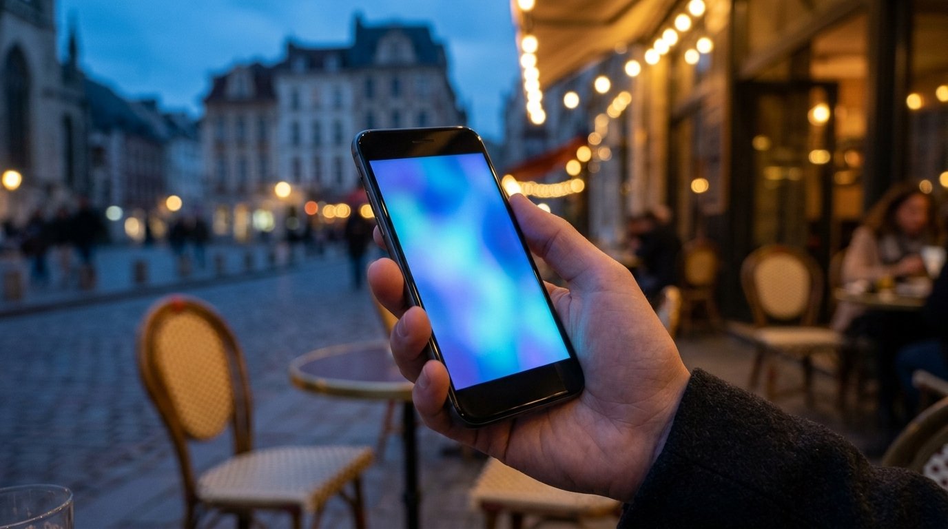 smartphone ia tenu en main sur une terrasse de café le soir