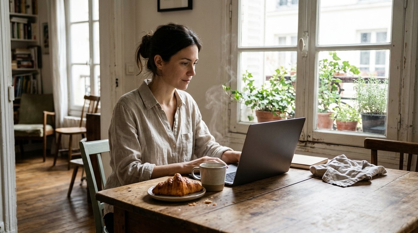 Sources préférées Google : lectrice qui consulte l’actualité sur son ordinateur portable, à une table en bois près d’une fenêtre