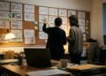 Deux personnes de dos examinent un mur de planches de storyboard punaisées dans un bureau de production au crépuscule