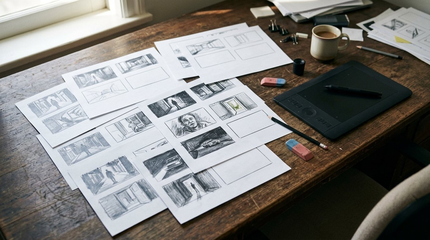 Storyboard IA : planches esquissées étalées sur le bureau d’un réalisateur, à côté d’une tablette graphique et de son stylet