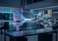 Accueil 56 Modèle d'avion 3D flottant avec des données numériques dans un bureau d'études high-tech.
