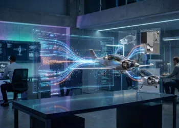 Générateur 3D IA : transformer vos textes en objets 3D 27 Modèle d'avion 3D flottant avec des données numériques dans un bureau d'études high-tech.