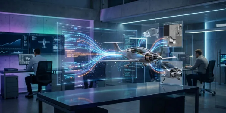 Accueil 48 Modèle d'avion 3D flottant avec des données numériques dans un bureau d'études high-tech.