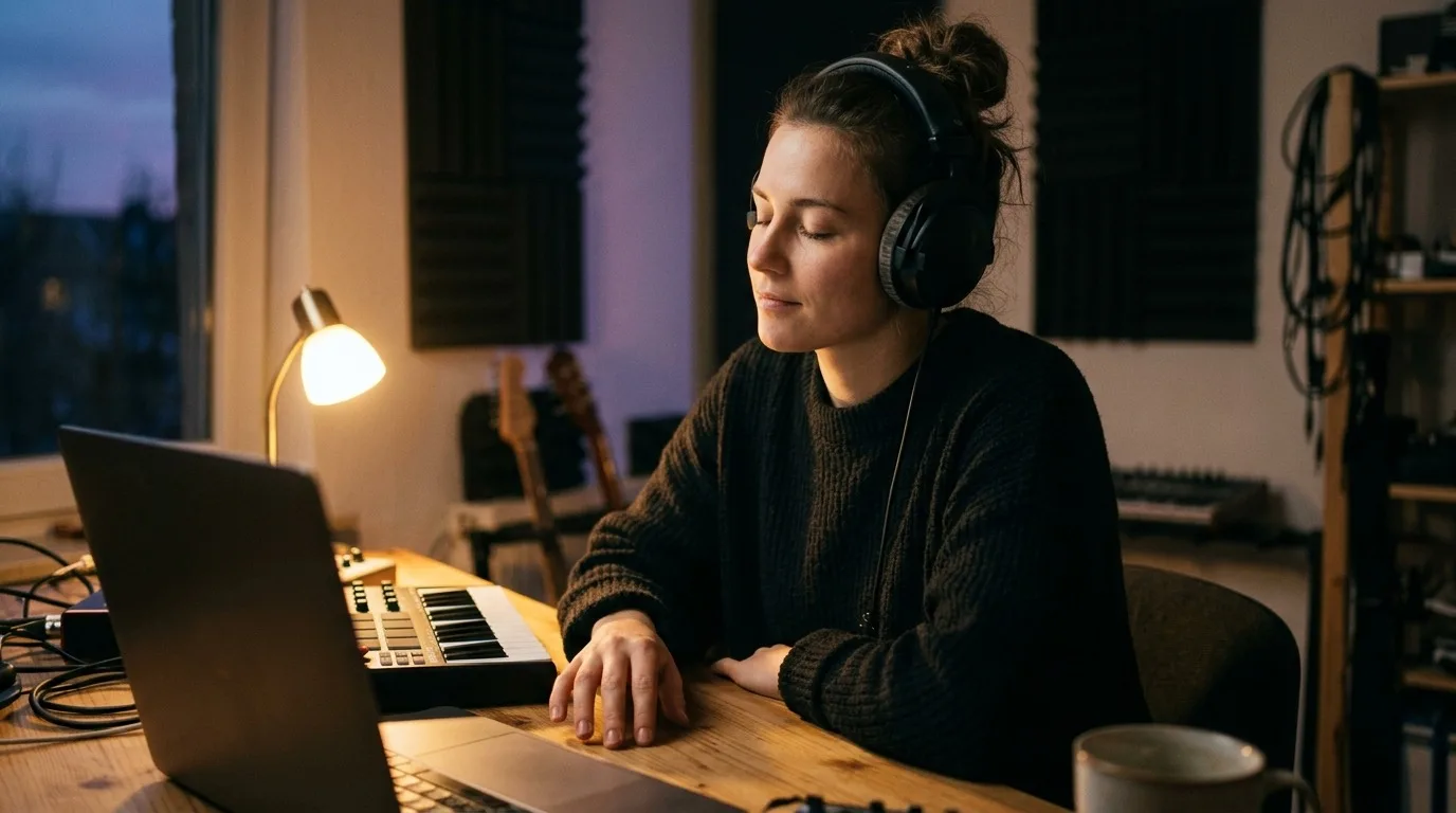 Suno AI avis : ce que vaut le générateur de chansons en 2026 1 Suno AI avis : une créatrice écoute au casque un morceau généré par IA dans un home studio