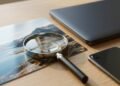 SynthID Detector : comment savoir si une image, une vidéo ou un son vient de l’IA 3 Loupe posée sur une photo de paysage imprimée, à côté d’un ordinateur portable fermé