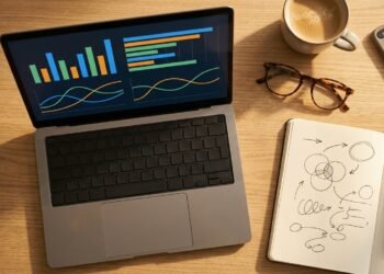 Bureau vu du dessus : ordinateur portable affichant des graphiques d’audience, carnet de croquis, lunettes et café