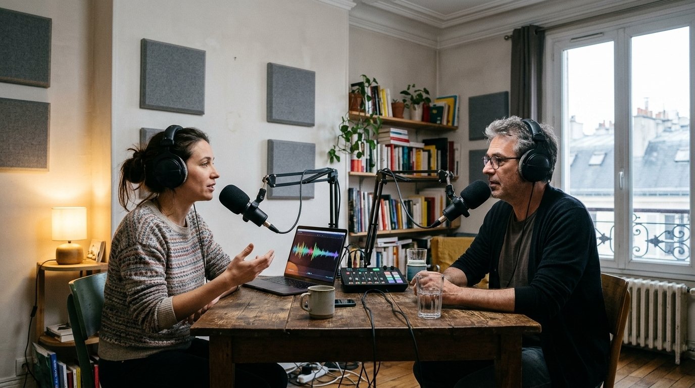 Transcrire un podcast : deux voix enregistrées au micro dans un studio aménagé en appartement