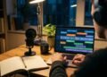 Podcasteur au casque qui monte un épisode sur un ordinateur portable, pistes audio colorées à l'écran