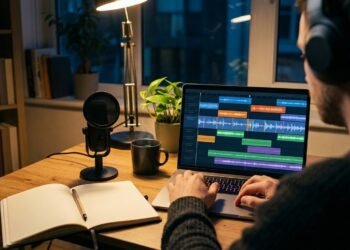 Podcasteur au casque qui monte un épisode sur un ordinateur portable, pistes audio colorées à l'écran