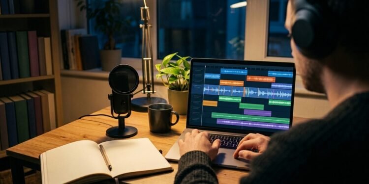 Podcasteur au casque qui monte un épisode sur un ordinateur portable, pistes audio colorées à l'écran