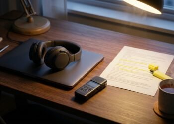 Casque audio, enregistreur numérique et transcription surlignée sur un bureau, pour transcrire une interview