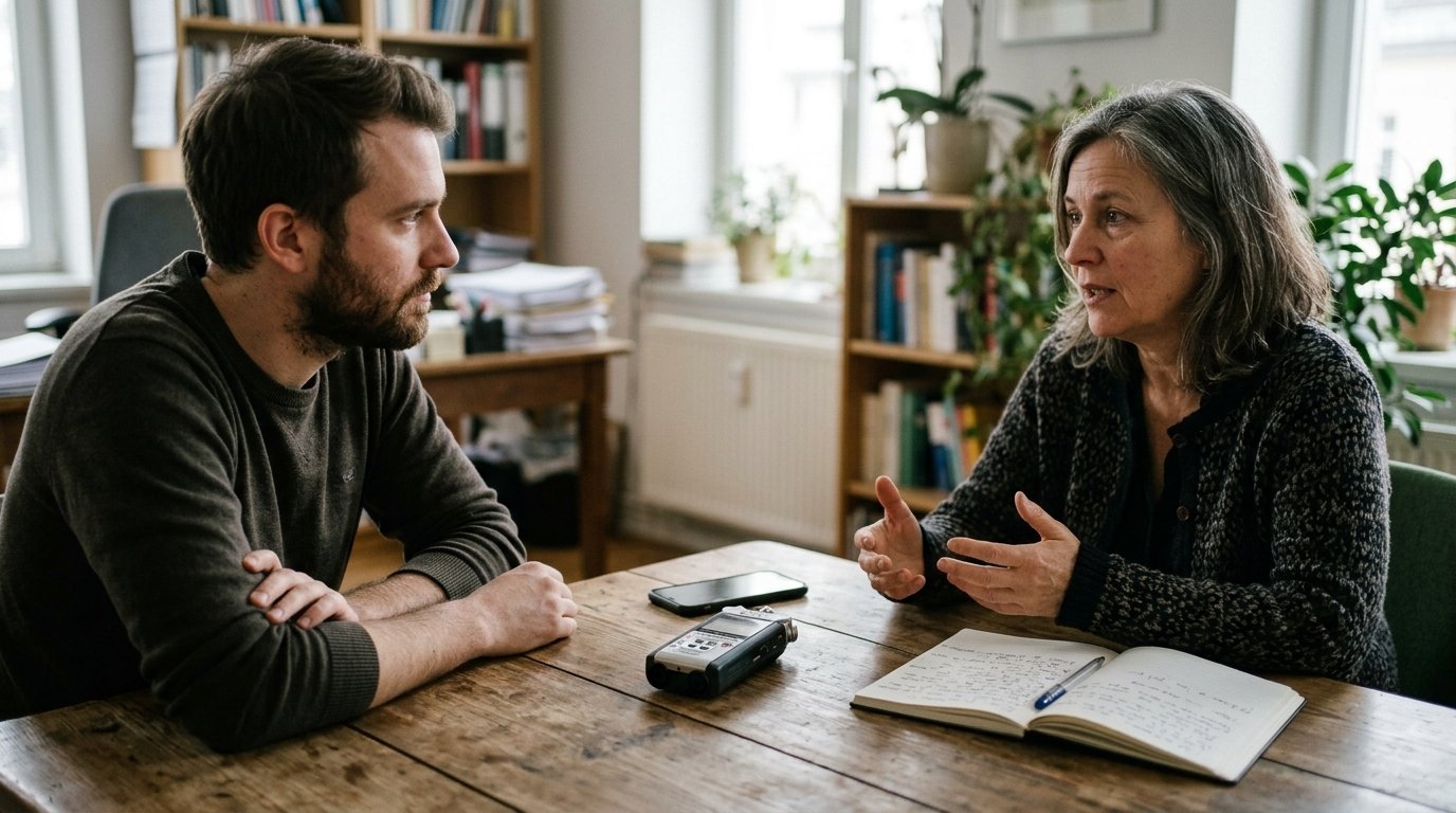 Transcrire une interview avec l’IA : méthode, outils et RGPD 1 Transcrire une interview : un journaliste écoute une femme qui parle, enregistreur audio posé sur la table