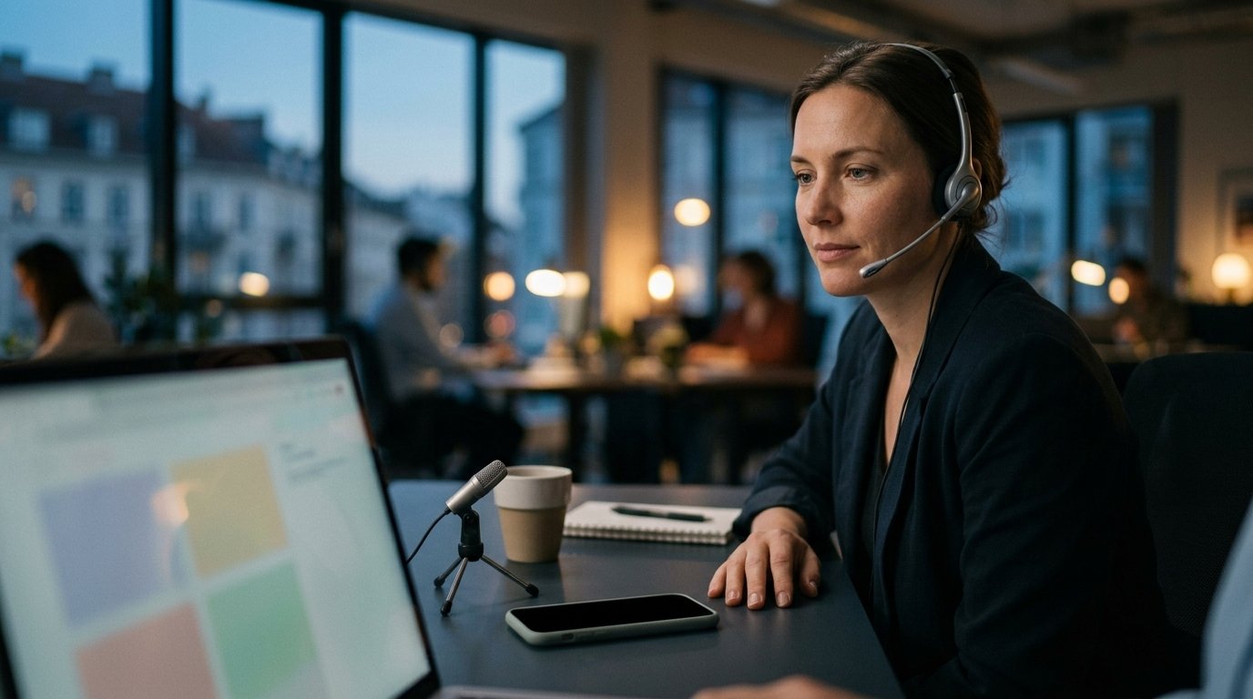 Voxtral 3 et agent vocal : conseillère de centre de contact avec casque devant un ordinateur portable