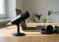 Microphone de studio noir sur un bureau en chêne, à côté d'un ordinateur portable et d'un casque audio