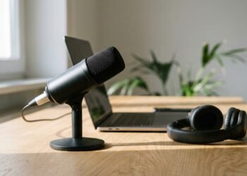 Microphone de studio noir sur un bureau en chêne, à côté d'un ordinateur portable et d'un casque audio