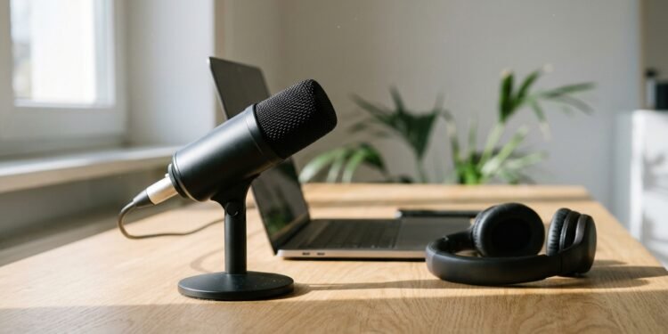 Microphone de studio noir sur un bureau en chêne, à côté d'un ordinateur portable et d'un casque audio