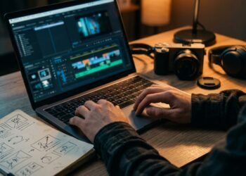 Monteur travaillant un court métrage sur son ordinateur, appareil photo et storyboard sur le bureau