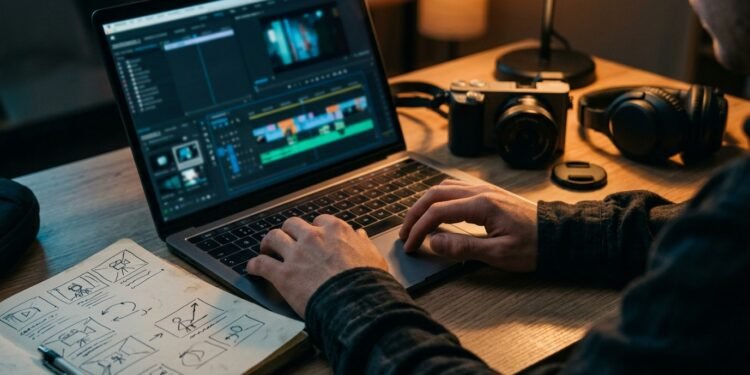 Monteur travaillant un court métrage sur son ordinateur, appareil photo et storyboard sur le bureau