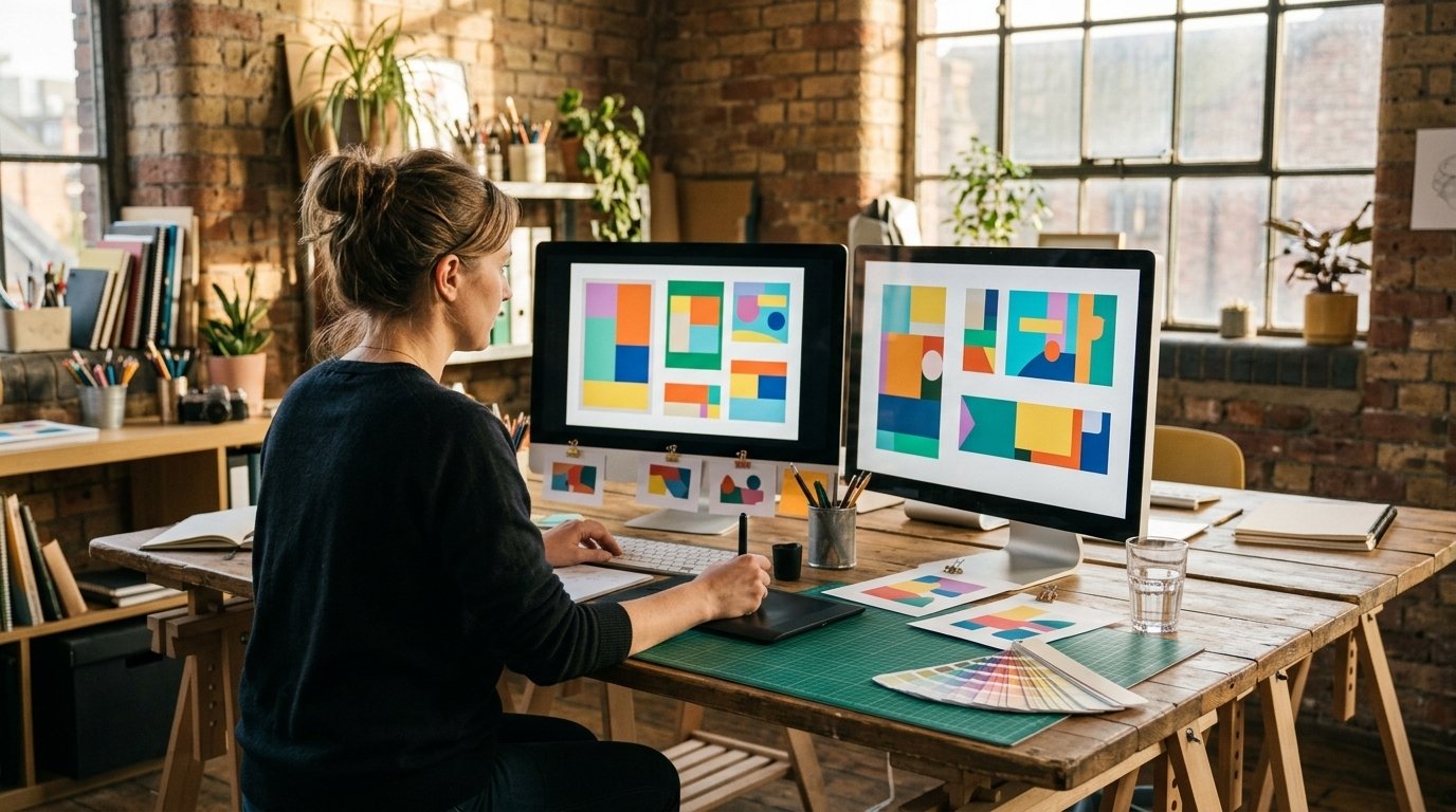 Workflow IA graphiste : graphiste au travail sur une affiche et des déclinaisons, tablette graphique et écrans dans un atelier