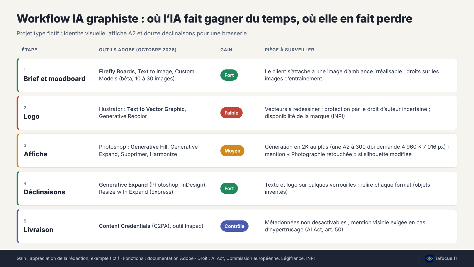 Schéma du projet type en cinq étapes : outils Adobe, gain de temps et points de vigilance, du moodboard à la livraison
